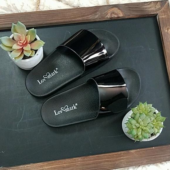 Shoes - Black Metallic Slider Sandal